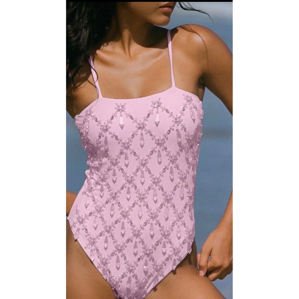 Oceanus The Label Calliope Pink Crystal Embellished One Piece Swimsuit Size L